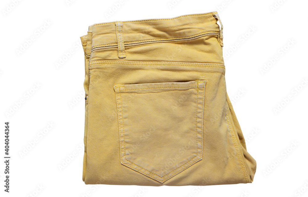 Yellow pants isolated, yellow jeans trousers pants, skinny trousers. Modern pockets yellow trousers for teenagers isolated on white background. Youth summer fashion apparel