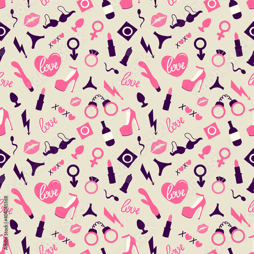 .Adult toys seamless pattern. Vector flat illustration. Valentines day design, wrappers, textiles, printing