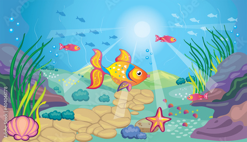 Fabulous landscape with sea bottom. Ocean background for wallpaper. Golden fish. Children's cartoon illustration for print. Fairy tale. Aquarium with gold fish. Vector.