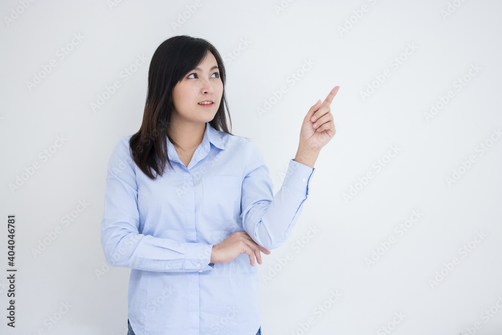Asian woman hand point something on white background Asian woman hand point something on white background