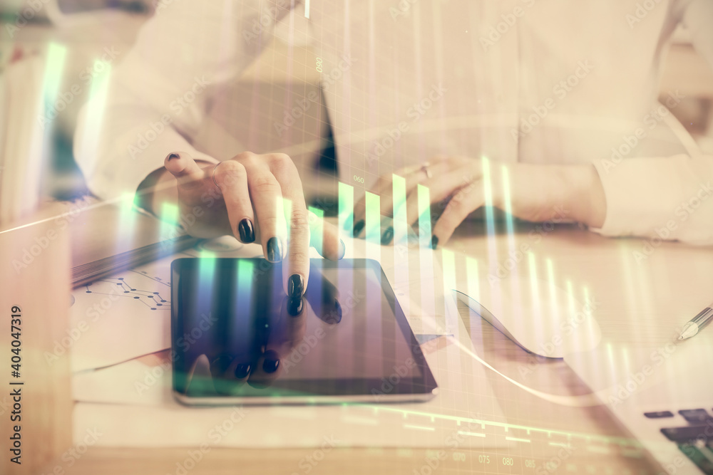 Double exposure of forex chart sketch hologram and woman holding and using a mobile device. Financial market concept. Double exposure of forex chart sketch hologram and woman holding and using a mobile device. Financial market concept.