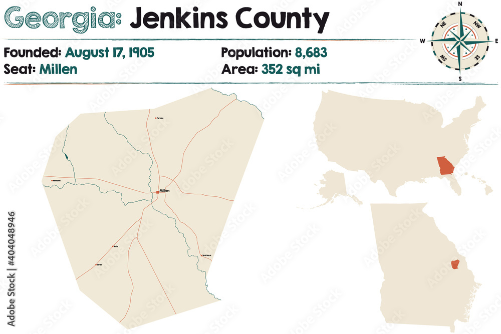 Large and detailed map of Jenkins county in Georgia, USA.