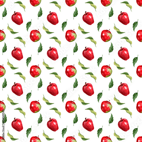 Watercolor pattern with red apples and leaves on a white background. Pattern for textiles and wrapping paper.