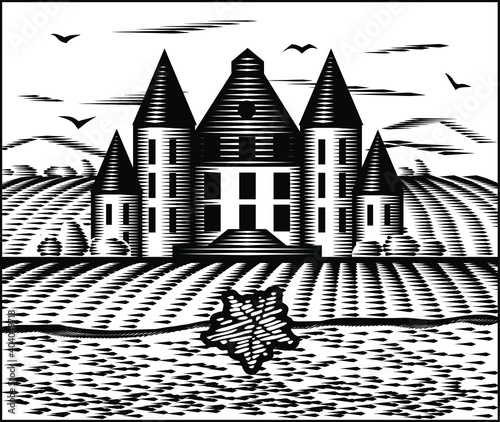 Old chateau with vineyards vector illustration.Beautiful castle around vineyards, river and birds.