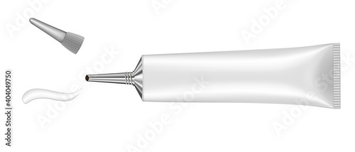 Single silver tube with long nozzle. Cream splash. Serum or ointment. Gel. Vector illustration isolated on a white background. 3d