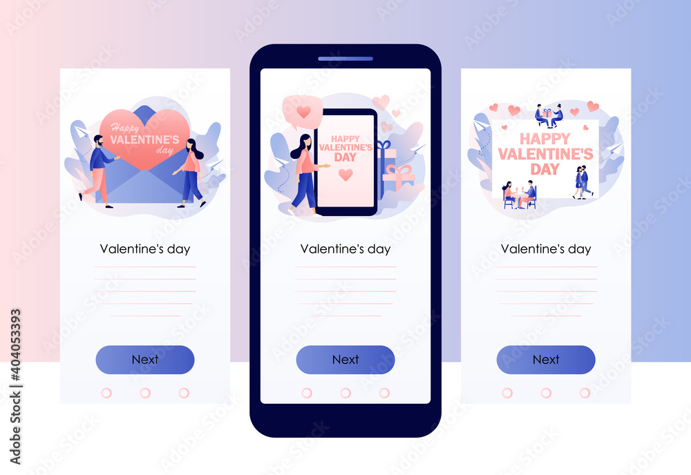 Happy Valentines day. Tiny people in love. Romantic relations. Screen template for mobile smart phone. Modern flat cartoon style. Vector illustration Happy Valentines day. Tiny people in love. Romantic relations. Screen template for mobile smart phone. Modern flat cartoon style. Vector illustration