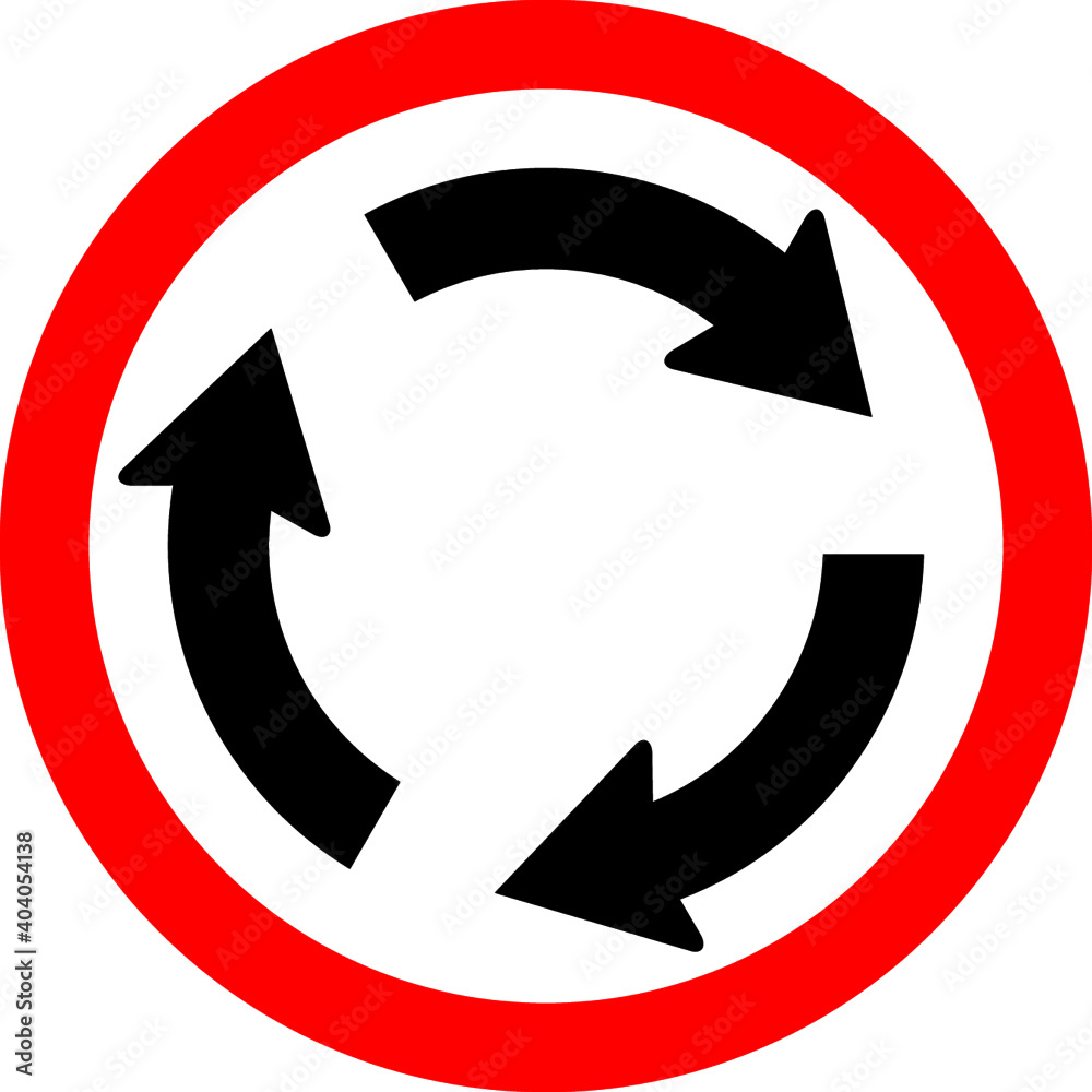 Round traffic sign, Roundabout. Vehicles go to the left - also give way to vehicles from the right. Round traffic sign, Roundabout. Vehicles go to the left - also give way to vehicles from the right.
