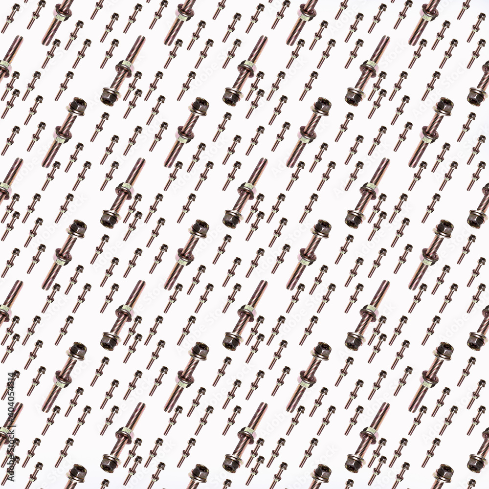 Fototapeta premium Bolt and nut, washer on a white background. pattern, close-up, wallpaper, texture, copy space for text