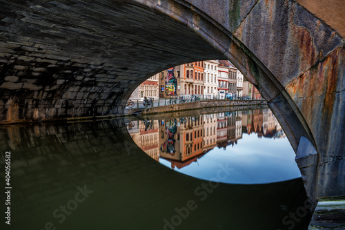 View under the St. Michaels Bridge on the old town of Ghent, Belgium. photo