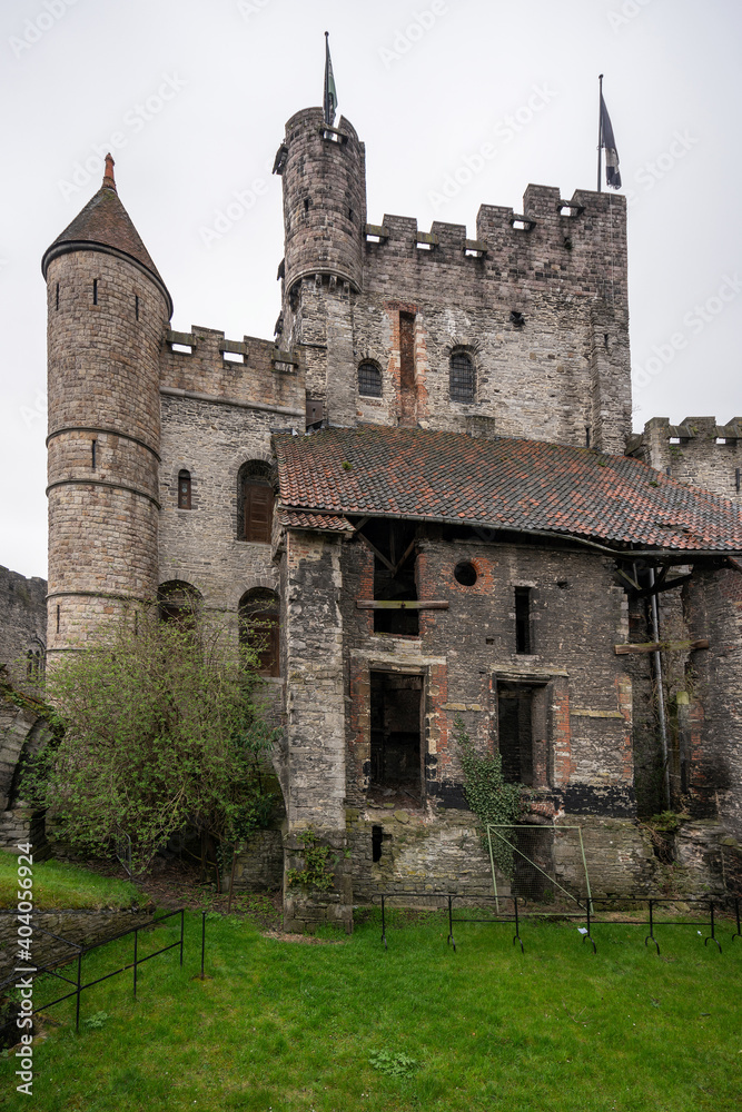 Exterior view of the medieval Gravensteen castle in Ghent, Belgium.