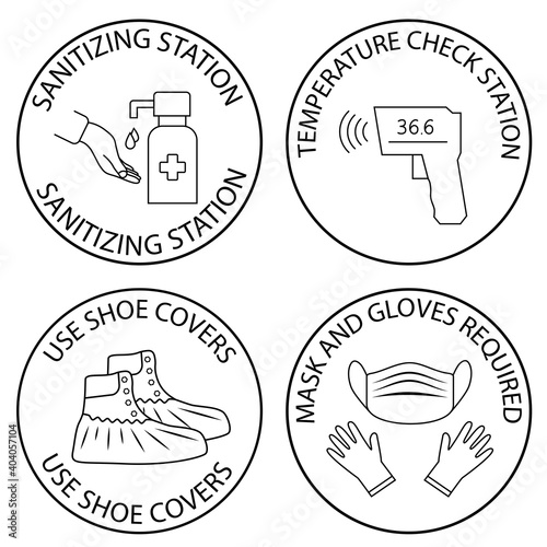 Hand sanitizing and temperature check station. Shoe covers. Mask, gloves and temperature scanning are required. Protective medical covers. Medical personal protective equipment. Vector