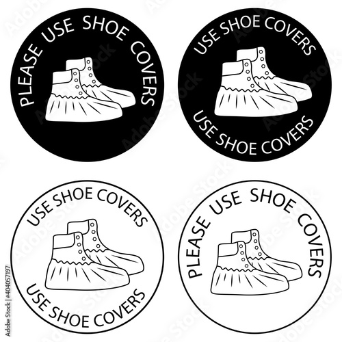 Polyethylene covering for shoes. Please, use shoe covers. Protective medical covers. Outline and glyph icons. Virus prevention icons. Vector isolated