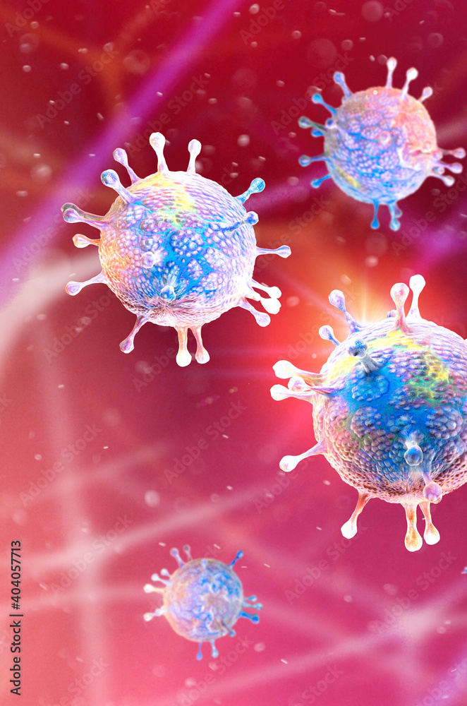 Microscopic view of Coronavirus, a pathogen that attacks the respiratory tract. Covid-19. Analysis and test, 3d render. Viral infection. Propagation of the virus in the human body. Vaccine