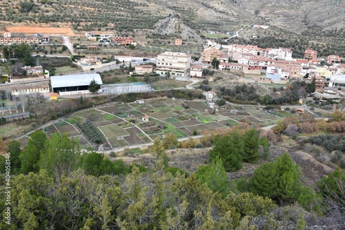 View of the orchards in the village of Arnedillo. Traditional orchards next to the hot springs. photo