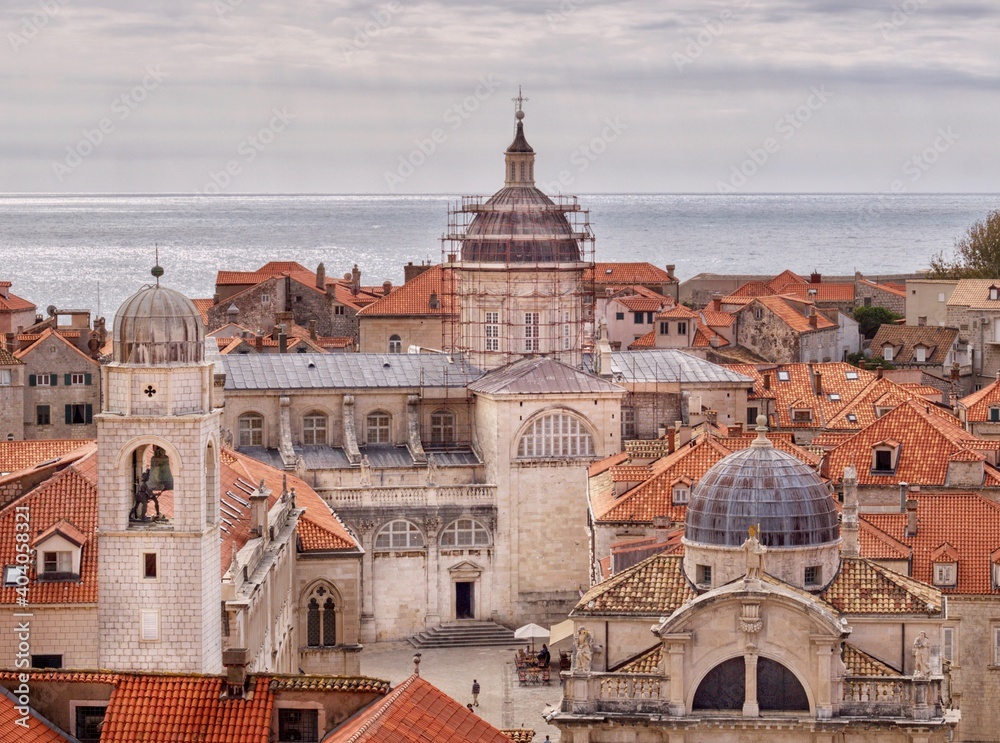 Dubrovnik Old Town, St Blaise Church, Tower Bell, Cathedral among the landmarks of the walled city 
