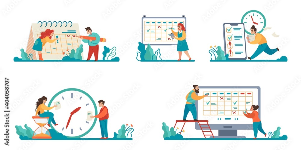 Planning schedule scenes. Cartoon people make timetables for day or month. Isolated cute men and women mark completed tasks in planner. Time management and workflow organization. Vector concepts set