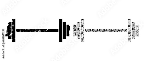 Vector barbell mosaic is created of randomized fractal barbell parts. Textured barbell icon. Fractal collage of barbell.