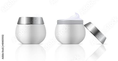 Cosmetic cream container. 3D realistic skin care product. White blank tubes with lids for moisturizing lotion. Opened and closed jars on glossy surface. Brand identity mockup, vector isolated set