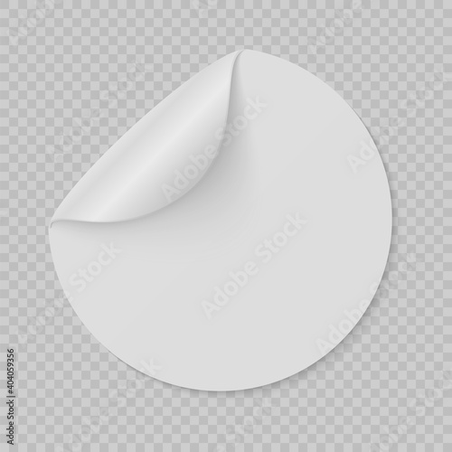 Round sticker. Curled page circle flipped paper page, sticky white information banner, empty promotional emblem mockup, advertise realistic blank vector isolated on transparent background illustration