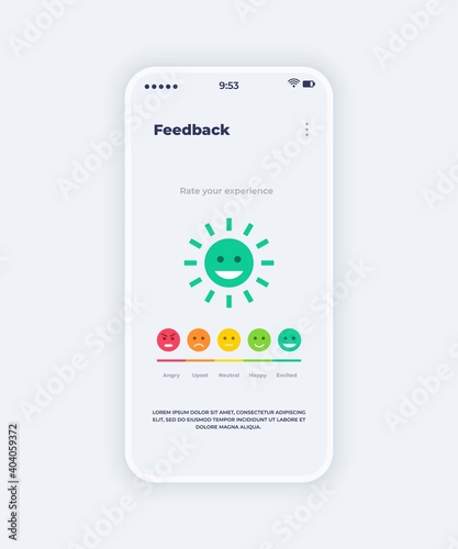 Feedback mobile app. Smartphone onboard screen with emoticons and mood gradation. Customer review application. Isolated interface with colorful angry and excited smileys. Vector modern UI template