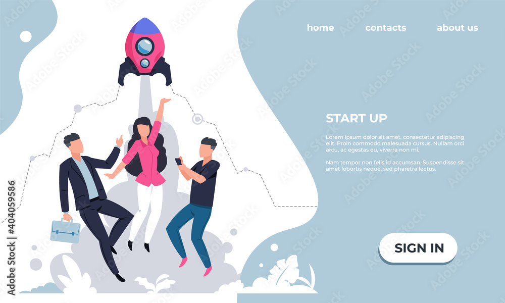 Marketing landing page. Start up and business projects. Workflow organization or management. Website UI design with text and buttons. Modern web service for young entrepreneurs, vector template