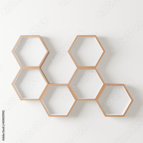 Fototapeta Naklejka Na Ścianę i Meble -  wooden Hexagon shelf copy space for mock up ,isolated background