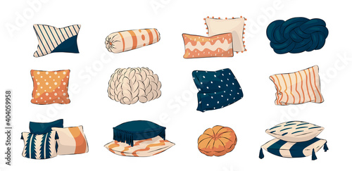 Cartoon cushion. Cute bedroom pillows. Home interior decorative elements for bed and sofa. Colorful pillowcase knitted and with tassels. Isolated cozy feather or modern synthetic fillings, vector set