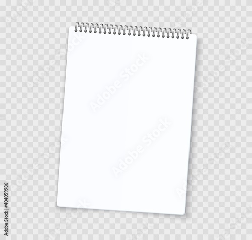 Blank notebook sheets. Realistic notepad with binder. 3D white paper page and perforated edge. Isolated empty copybook for writing on transparent background. Vector stationery template with copy space