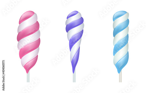 Spiral lollipop. Cartoon sweet lolly candies. Collection of swirl bonbon on stick with stripes in white and pink, purple or blue colors. Isolated confectionery, unhealthy sugary food, vector flat set