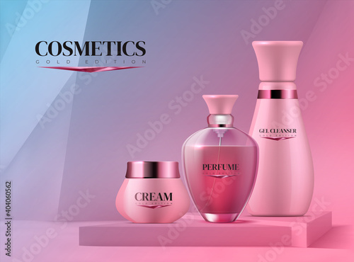 Podium with cosmetics. Realistic 3D pedestal and beauty product for branding. Collection of bottles with perfume and moisturizing cream or cleanser gel on square platform. Vector advertising banner