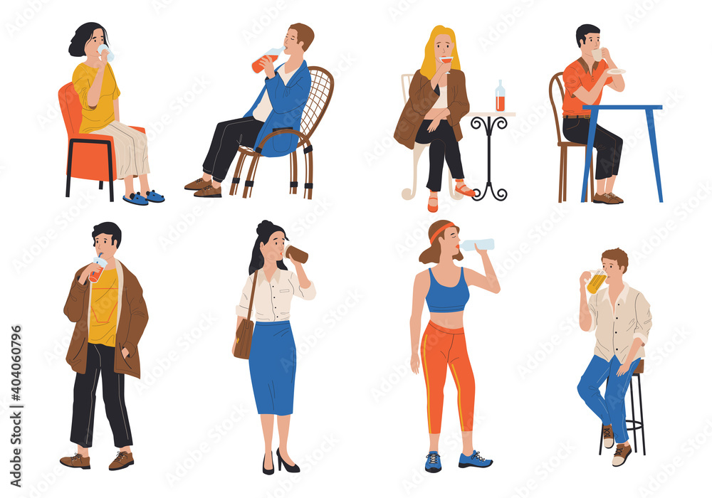 People drink. Cartoon men and women holding bottles, cups and glasses. Isolated cute drinking persons at home and in restaurant or outdoor. Young males and females with beverages, vector flat set