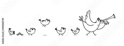 Cheerful vector illustration of a hen with chicks. An adult chicken with a horn in the wing leads a detachment of young chicks behind him. Stock doodle illustration on white background.