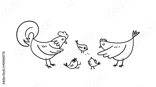 A hand-drawn rooster and a hen surrounded the little chickens. Doodle poultry raise their frolicking chicks. Vector stock illustration of poultry farming black on a white background.