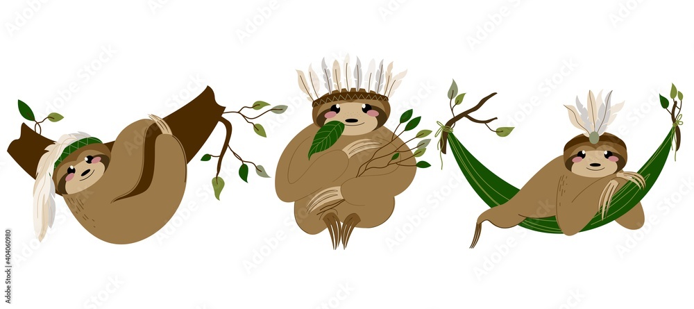 Fototapeta premium Sloths of cute character set in hand drawn style for posters, birthday cards, party, baby showers and greetin cards. Vector illustration isolated on white background