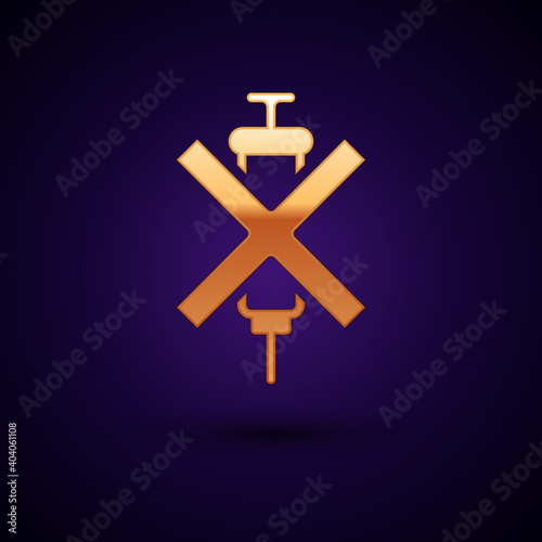 Gold No doping syringe icon isolated on black background. Vector.