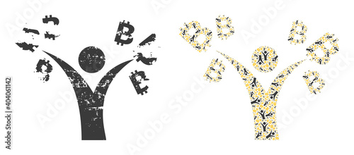 Vector bitcoin man composition is made of random fractal bitcoin man parts. Distress bitcoin man icon. Fractal combination of bitcoin man.