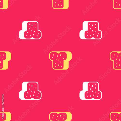 Yellow Bread toast for sandwich piece of roasted crouton icon isolated seamless pattern on red background. Lunch, dinner, breakfast snack. Vector.