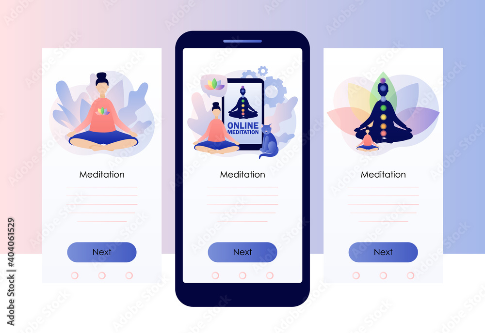 Meditation concept. Tiny people sitting in lotus pose. Yoga online, relax, recreation, healthy lifestyle. Screen template for mobile smart phone. Modern flat cartoon style. Vector illustration Meditation concept. Tiny people sitting in lotus pose. Yoga online, relax, recreation, healthy lifestyle. Screen template for mobile smart phone. Modern flat cartoon style. Vector illustration