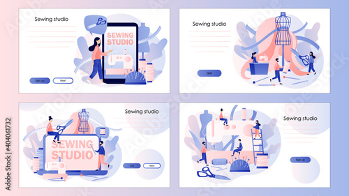 Sewing studio concept. Tiny people tailors create outfit and apparel. Screen template for mobile smart phone, landing page, template, ui, web, mobile app, poster, banner, flyer. Vector illustration  © Marta Sher