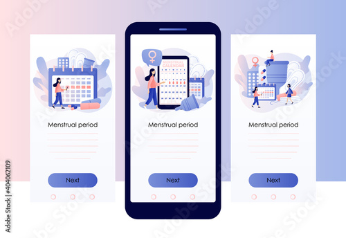 Menstruation period concept. Tiny women with monthly calendar, menstrual cup, tampon and tablets. Screen template for mobile smart phone. Modern flat cartoon style. Vector illustration