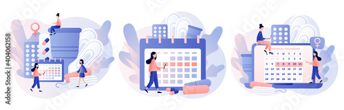 Menstruation period concept. Tiny women with monthly calendar, menstrual cup, tampon and tablets. Menstrual protection and feminine hygiene. Modern flat cartoon style. Vector illustration 