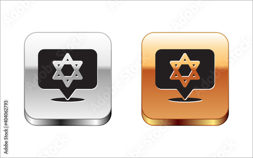 Black Star of David icon isolated on white background. Jewish religion symbol. Symbol of Israel. Silver-gold square button. Vector.