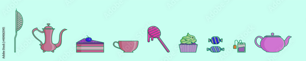 set of tea time cartoon icon design template with various models. vector illustration isolated on blue background set of tea time cartoon icon design template with various models. vector illustration isolated on blue background