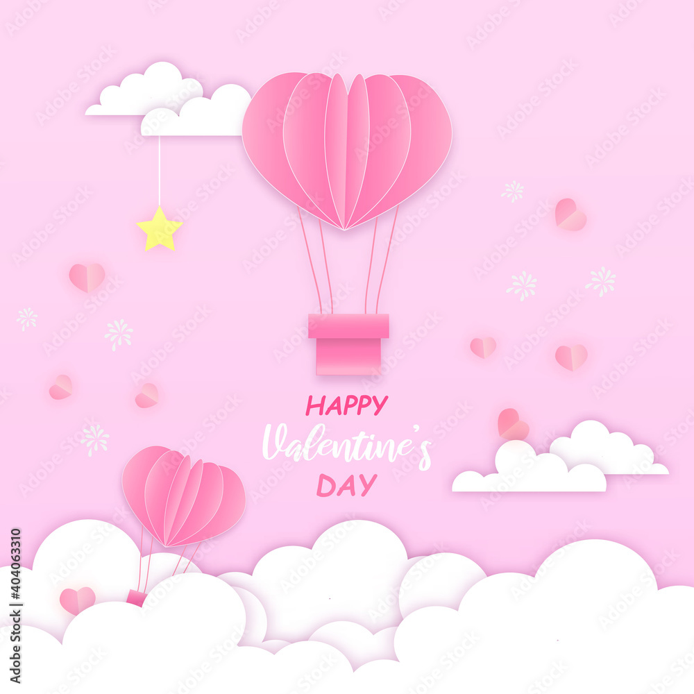 Love and Valentine's Day Postcard with balloon and cloud on pink color of vector paper cut.