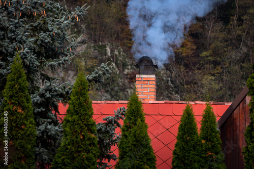 red roof between conifers with smoking chimney and blue sky