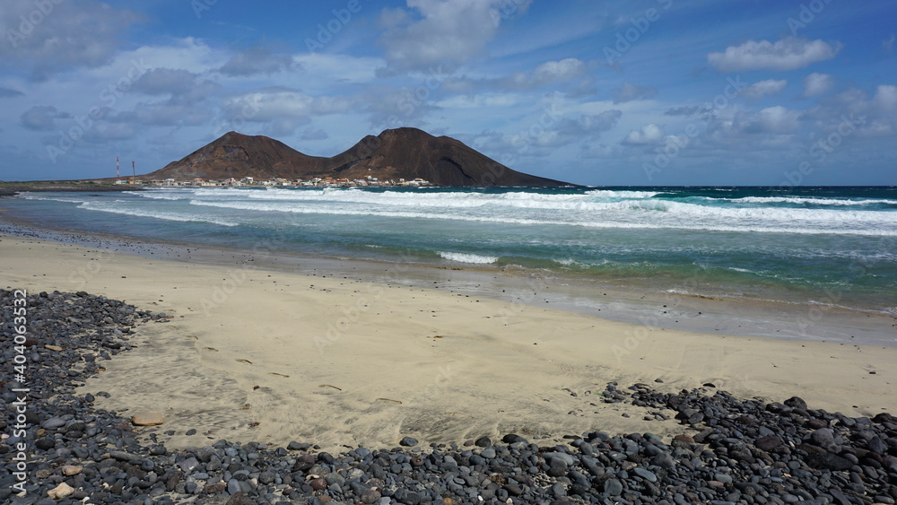 the view of a volcano from the beach in Caihau, on the island Sao Vicente, Cabo Verde, in the month of November