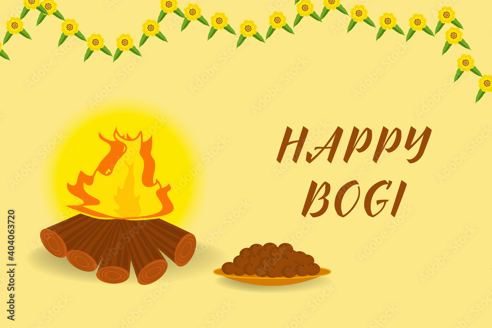 illustration of happy bhogi holiday harvest festival of andhra pradesh  telangana greeting background fire with wooden sticks, plum, jujube with  flowers garland vector. Stock Vector | Adobe Stock