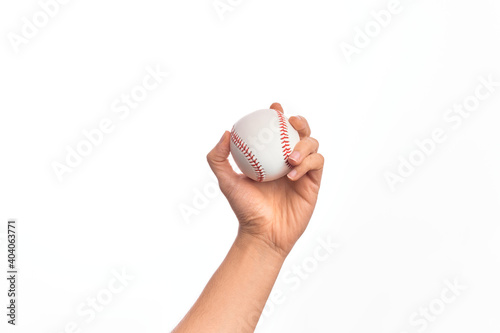 Photography Hand of caucasian young man holding baseball ball over isolated white background
