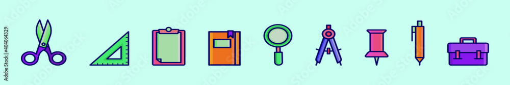 set of stationery cartoon icon design template with various models. vector illustration isolated on blue background set of stationery cartoon icon design template with various models. vector illustration isolated on blue background