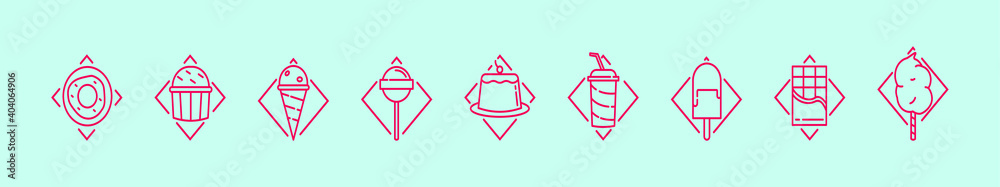 set of sweet and dessert cartoon icon design template with various models. vector illustration isolated on blue background set of sweet and dessert cartoon icon design template with various models. vector illustration isolated on blue background